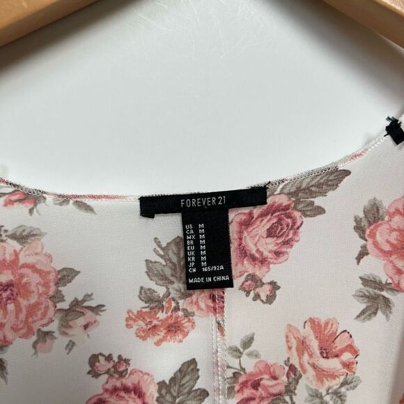 Forever 21 Kimono Robe Sheer Flowy Pink White Roses Flowers Boho size M - Picture 3 of 10